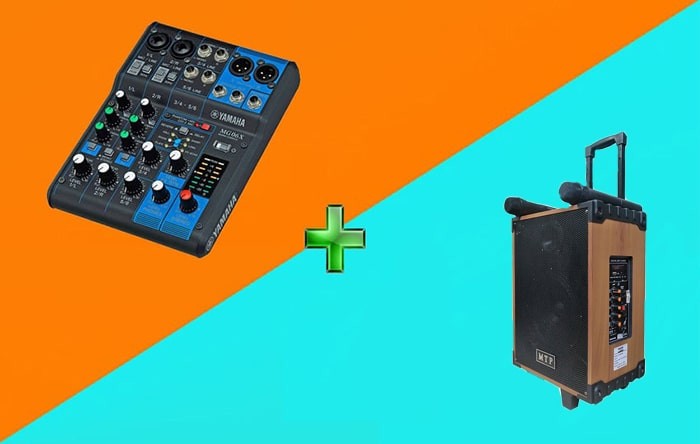 Hình ảnh minh họa khả năng kết nối mixer với loa kéo, mở rộng tính năng âm thanh