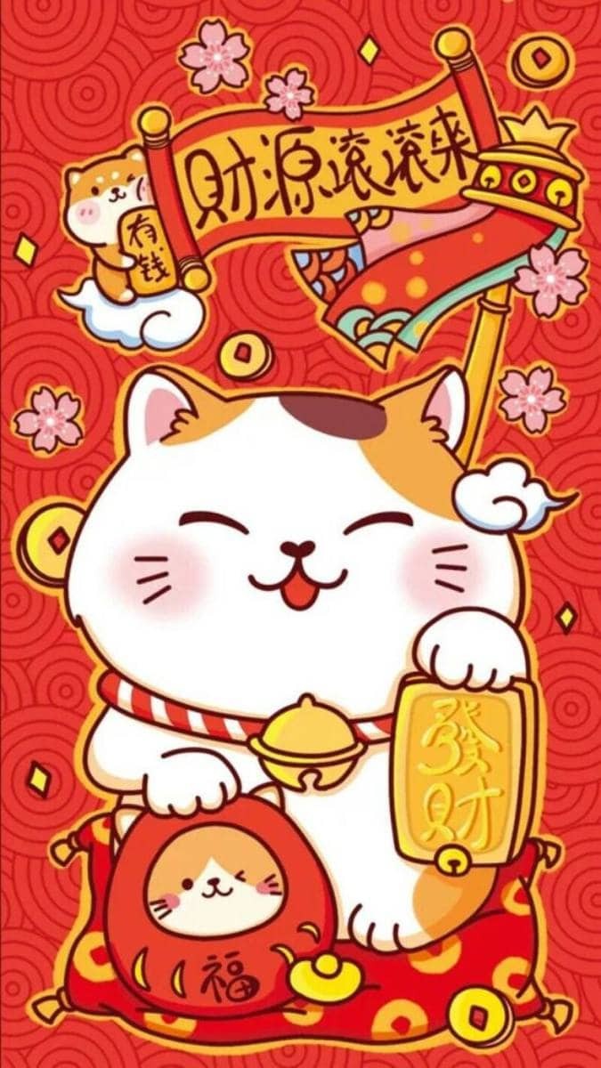 Hình nền chú mèo thần tài màu vàng vẫy tay trong tư thế truyền thống