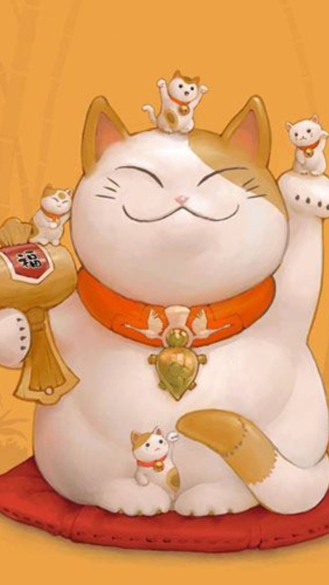 Mèo thần tài cute với biểu cảm vui vẻ, đôi mắt to tròn và nụ cười thân thiện