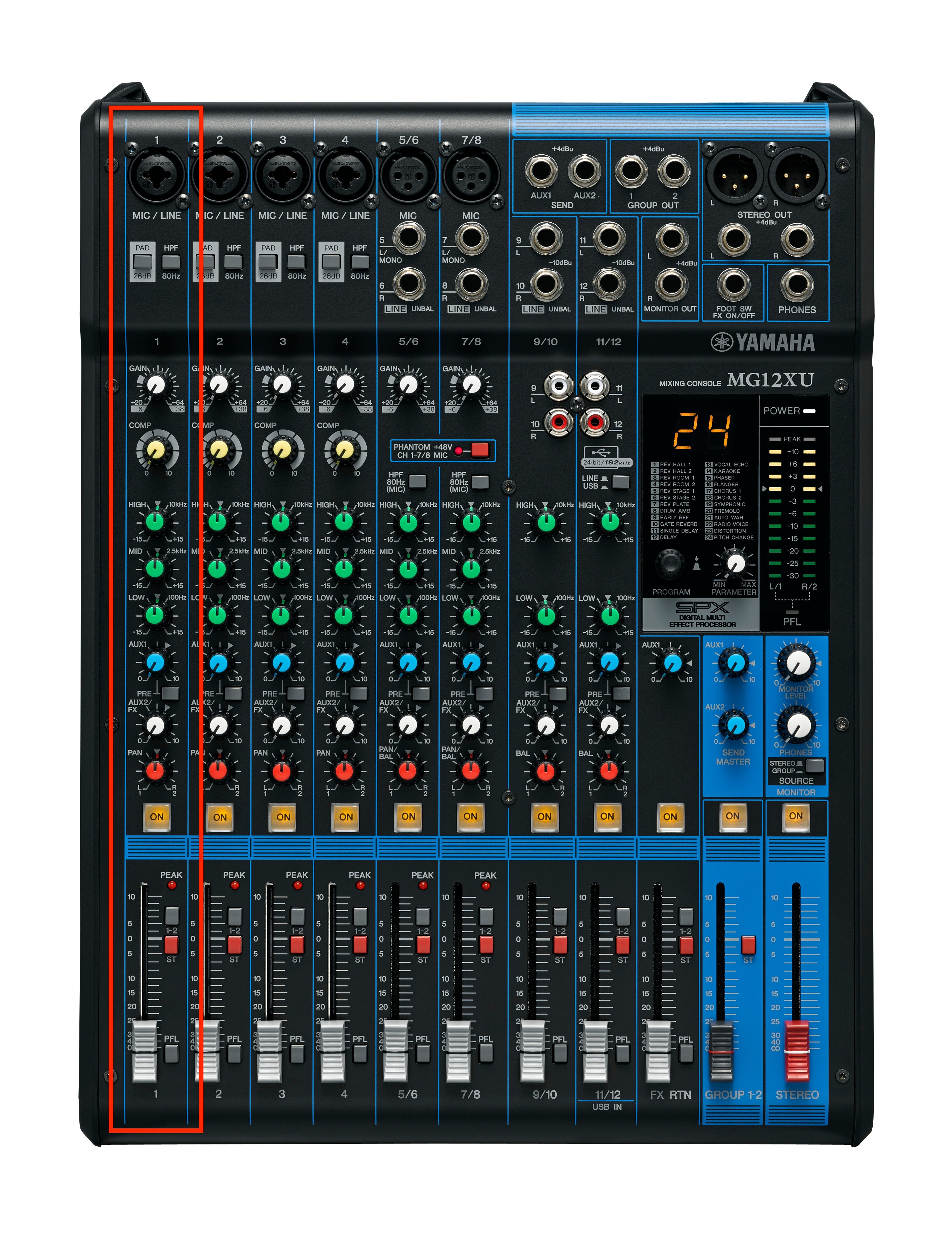 Dải kênh của mixer với các nút điều khiển riêng biệt