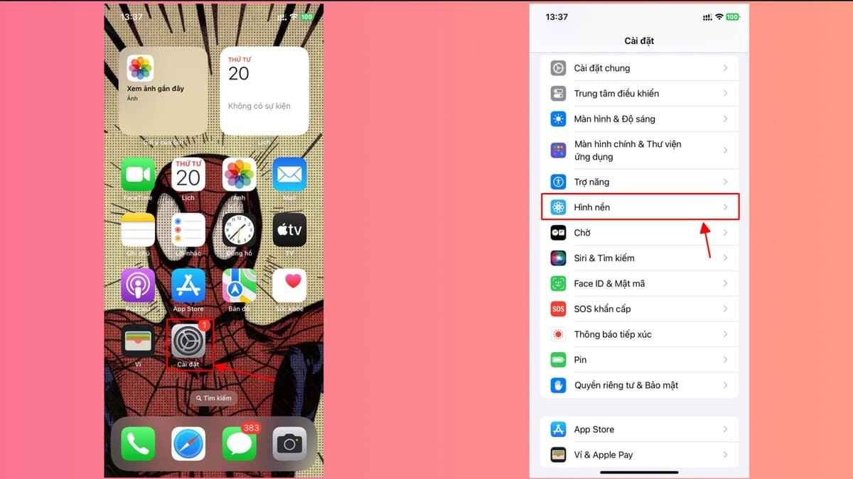 Cài đặt hình nền may mắn cho iPhone qua bước truy cập Cài đặt và chọn Hình nền