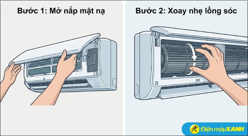 Mở nắp dàn lạnh và dùng tay xoay nhẹ lồng sóc để kiểm tra độ trơn tru của quạt